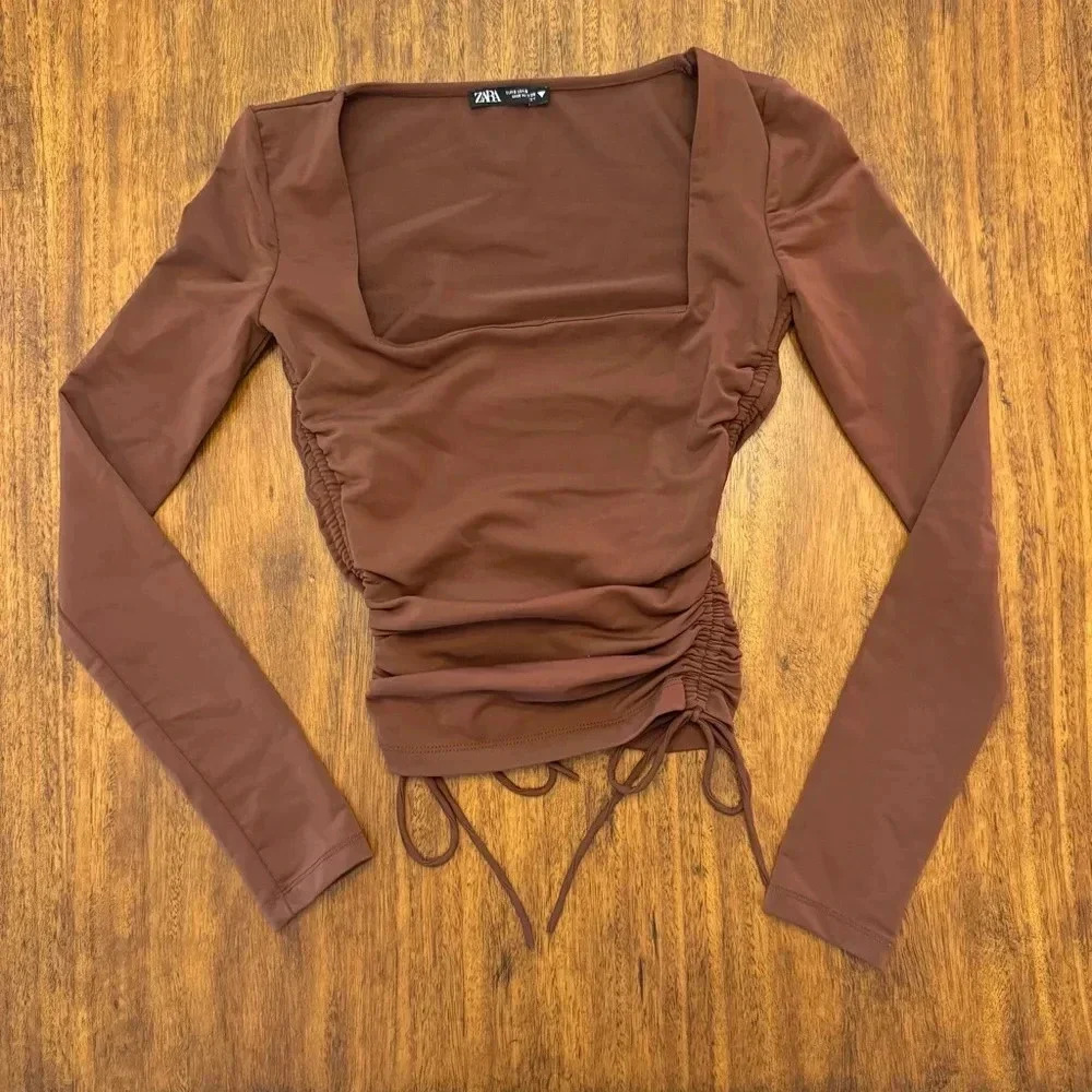 ZARA LONG SLEEVE SQUARE NECKLINE RUCHED TOP